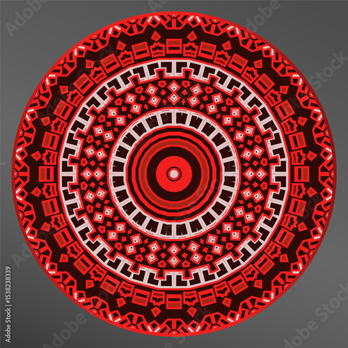 Interesting geometric ornament in red white black. tray, a round geometric ornament for tea or coffee porcelain plate,trays, dishes and souvenirs.