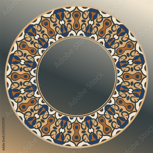 tray, a round geometric ornament in white yellow orange blue for tea or coffee porcelain plate,trays, dishes and souvenirs, can also be used as a background, invitation, greeting card
