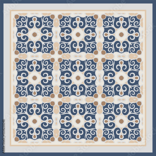 Creative style abstract geometric pattern in white beige blue, vector seamless, can be used for printing onto fabric, interior, design, textile. Frame.
