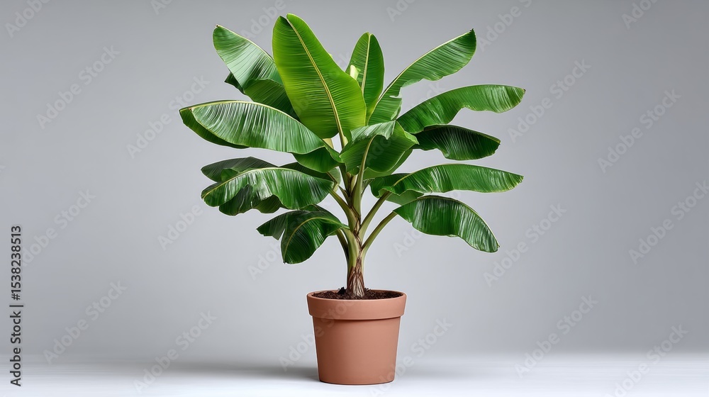 Fototapeta premium Large green plant is in a brown pot. The plant is tall and has a lot of leaves