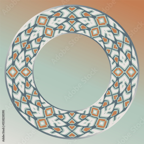 tray, a round geometric ornament in white orange green blue for tea or coffee porcelain plate,trays, dishes and souvenirs, can also be used as a background, invitation, greeting card