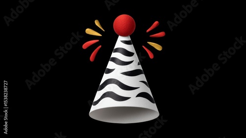 Zebra print hat with a red top and a red and yellow tip. The hat is on a black background