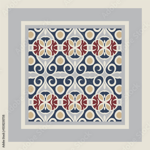 Horizontal seamless pattern in white gray yellow red blue. Ethnic textile print. Vector fashion background.  Ribbons. Frame. Ideal for interior design as interior painting.