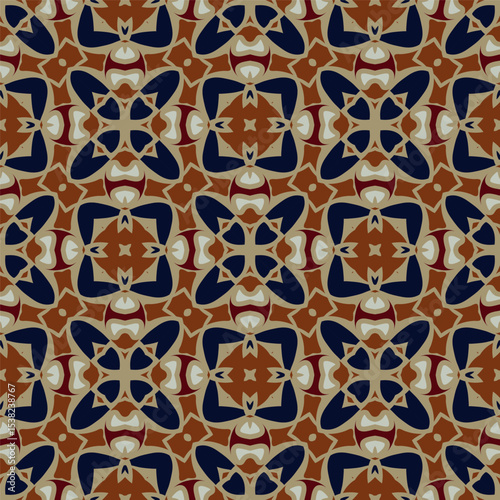 Creative color abstract geometric pattern in beige orange blue, vector seamless, can be used for printing onto fabric, interior, design, textile.
