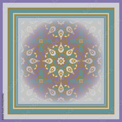 Creative style abstract geometric mandala pattern in violet orange green, vector seamless, can be used for printing onto fabric, interior, design, textile. Frame.