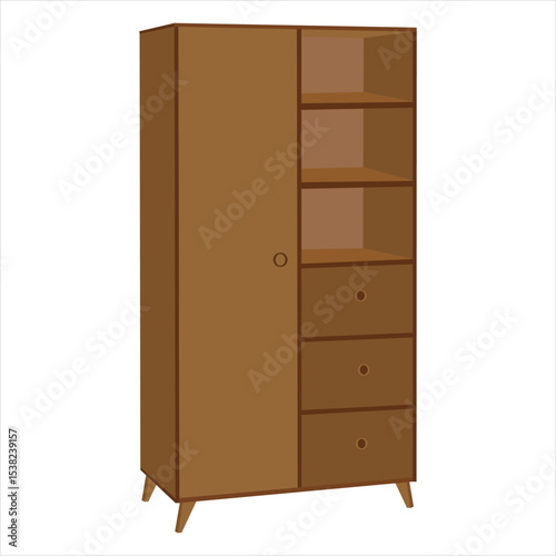 Modern Brown Wooden Cabinet with Open Shelves and Drawers – Minimalist Cupboard Organizer Vector for Home Interior Storage, Closet Wardrobe Furniture Design Illustration

