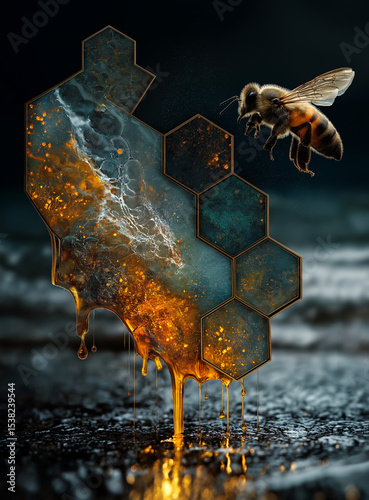 Honeycomb abstract with bee and golden drips