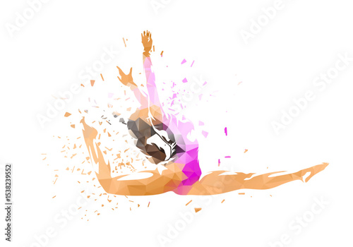Artistic gymnast woman in mid-air during a dynamic jump. Low poly vector illustration with distortion effect, isolated vector silhouette