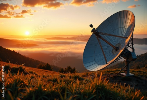 Satellite dish antenna overlooking a scenic sunrise landscape with clouds and mountains