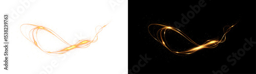 Beam, curve, dynamic, effect, flare form a glowing PNG style. This PNG Overlay features transparent golden spirals, magic sparkles, and futuristic shine for bright abstract motion illustrations.