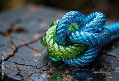 Colorful intertwined ropes forming a knot on a cracked surface with copyspace for text