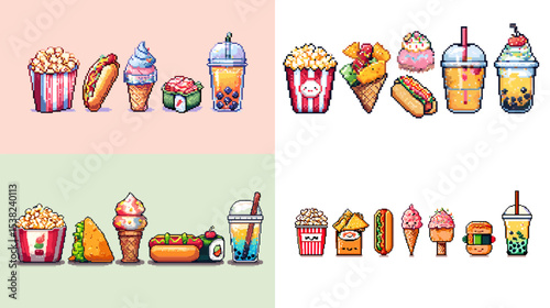 Colorful pixel art illustrations of street food and snacks including popcorn, hotdog, sushi, ice cream, boba tea, and burgers—perfect for menus, games, and food-themed designs.