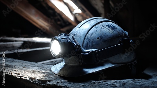 A miner's helmet with a bright light sits on a weathered wooden surface in a dimly lit environment