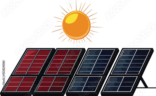 Solar Panels Vector Illustration with Sun, Isolated on White Background