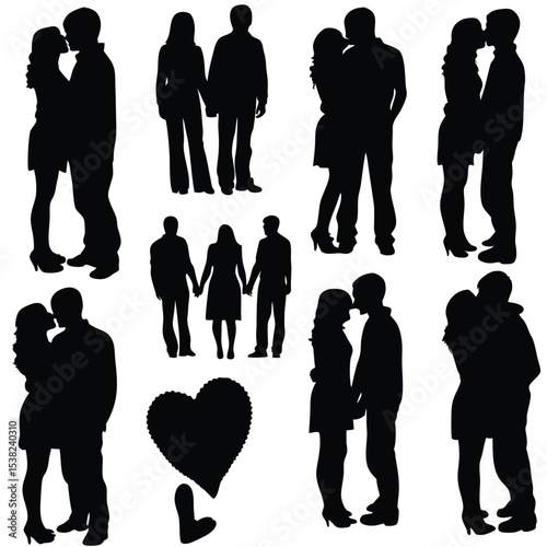 Silhouetted couples show affectionate gestures and poses representing love and relationship unity in white space