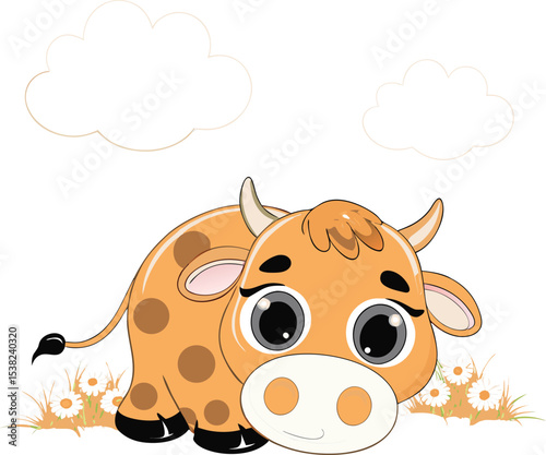 Adorable cartoon calf with big eyes and clouds on a white background