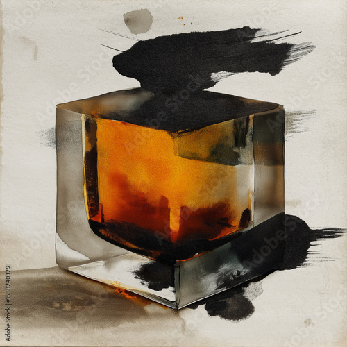 Abstract cube with amber liquid and ink splashes
