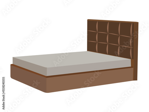 Brown Upholstered Bed Vector – Flat Minimalist Bed Frame with Padded Headboard and Soft Mattress, Modern Furniture for Bedroom Interior, Home, Hotel or Apartment Sleep Design Illustration

