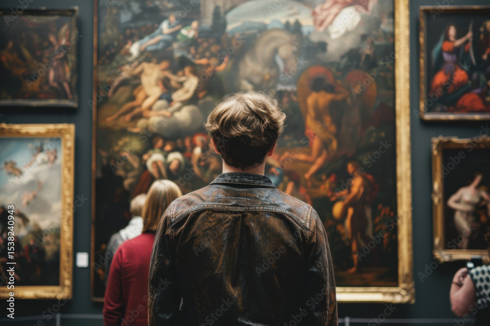 Naklejka premium A person admiring classic paintings in a museum, capturing the essence of art appreciation and culture.