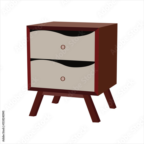 Modern Wooden Nightstand with Two Wave-Front Drawers, Minimalist Bedside Table for Bedroom Storage, Contemporary Furniture Isolated on White Background Illustration

