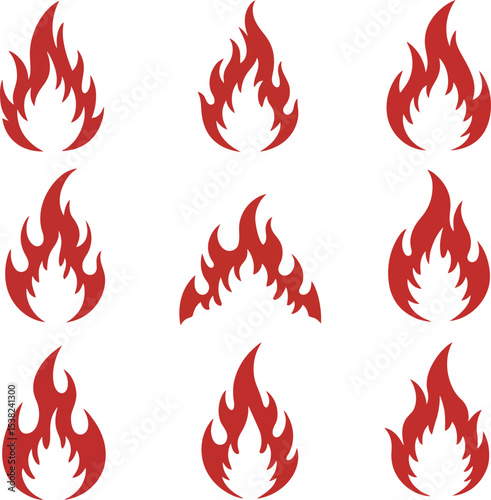 Fire Flames Icon Set: Red Heat & Burning Elements

