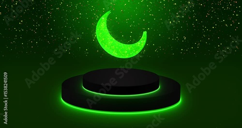 Beautiful Moon animation with glitter and Cylinder Podium in 4K.Islamic background in 4K.Futuristic glowing moon for Ramadan Kareem,Eid Al-Fitr,Eid Al-Adha,advertisements, and Social media.
