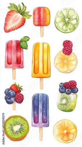 Brightly colored fruit lollipops and fresh fruits on white background. Useful for advertising desserts and summer menus.
