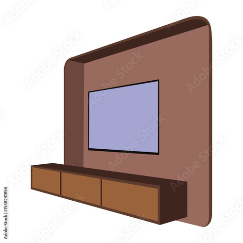 Modern Floating TV Stand with Wall Panel and Three Drawers, Minimalist Entertainment Console for Living Room, Contemporary Wooden Furniture Isolated on White Background Illustration

