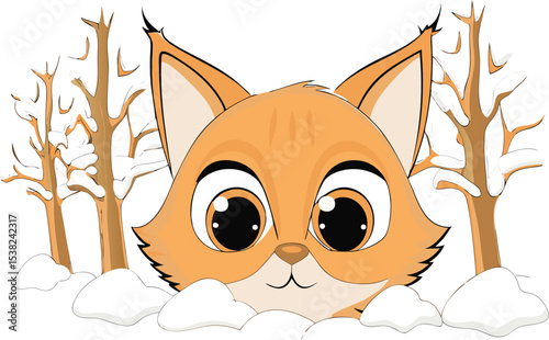 Adorable cartoon fox peeking through snow among bare winter trees