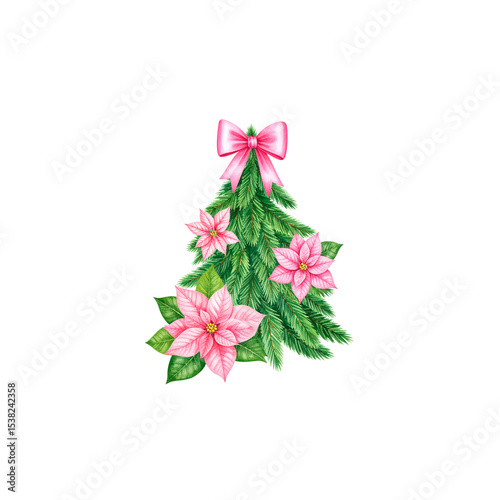 Christmas tree decoration with red ribbon and ornaments, isolated on white background