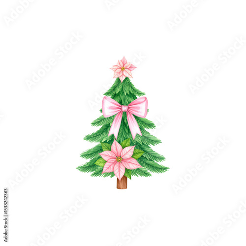 Christmas tree decoration with red ribbon and ornaments, isolated on white background