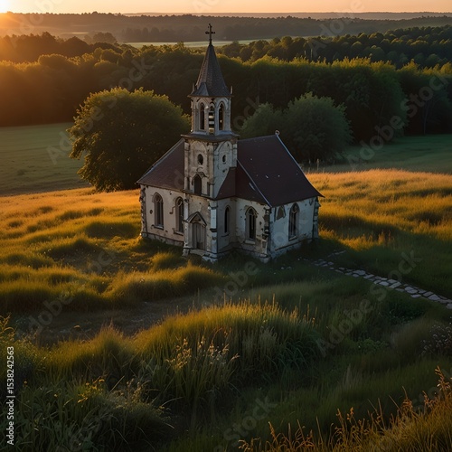 Shows an abandoned, old stone church or chapel in a natural setting. The building appears somewhat dilapidated with missing or damaged sections, particularly on the roof. It is surrounded by sparse gr photo