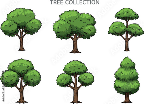 Cartoon Tree Collection: Green Deciduous & Conifer Icons

