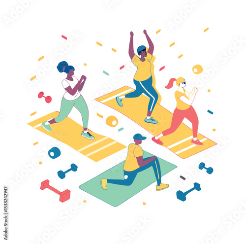 Dynamic Fitness Fusion A Colorful Group Workout on white back round