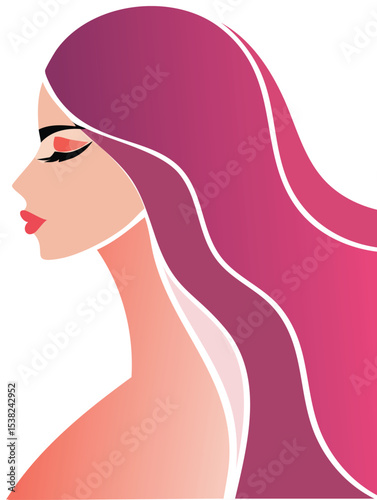 A minimalist vector illustration shows a woman in profile, set against a solid pink background. The woman has a fair complexion, depicted with smooth, simple lines. Her long, flowing hair is a vibrant
