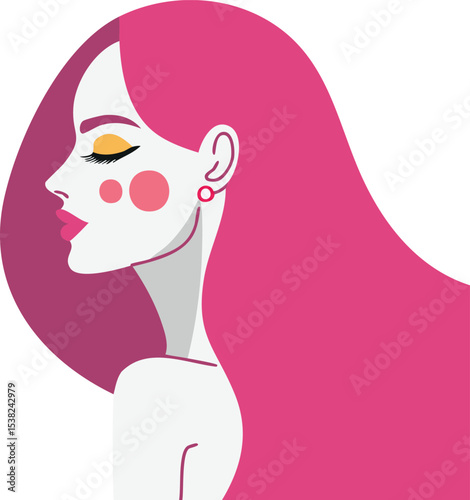 A minimalist vector illustration shows a woman in profile, set against a solid pink background. The woman has a fair complexion, depicted with smooth, simple lines. Her long, flowing hair is a vibrant