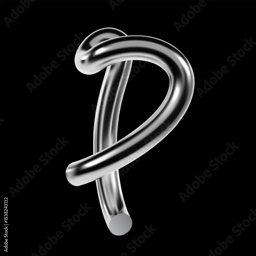 Chrome letter P with curved glossy lines in 3D Y2K style. Futuristic metallic vector type with reflective surface