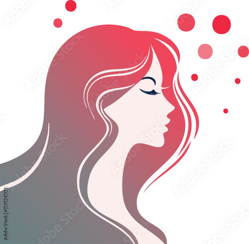 A minimalist vector illustration shows a woman in profile, set against a solid pink background. The woman has a fair complexion, depicted with smooth, simple lines. Her long, flowing hair is a vibrant