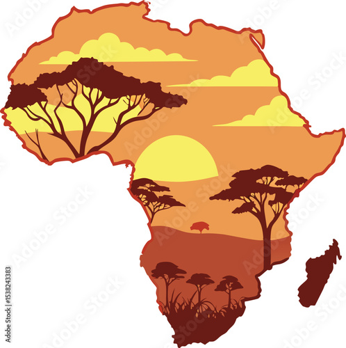 vector map of africa featuring savannah trees, birds, and warm sunset scenery


