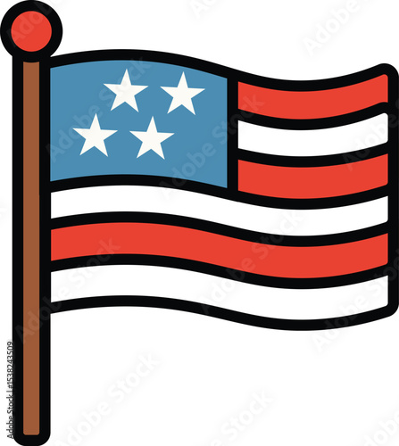 American flag icon. The national flag of the United States with stars and stripes, symbolizing patriotism and US holidays like the Fourth of July. Flat outline vector.