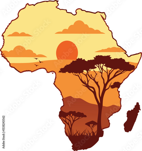 african continent with acacia trees and sun setting in wildlife savannah vector art

