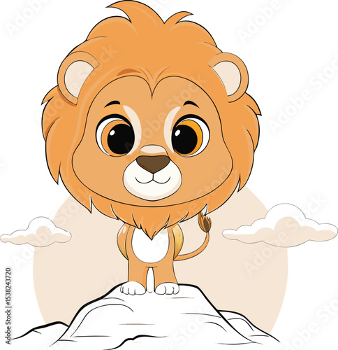 Adorable cartoon lion cub standing proudly on a rocky hilltop
