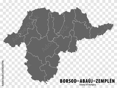 Blank map Borsod–Abauj–Zemplen County of Hungary. High quality map Borsod–Abauj–Zemplen County with municipalities on transparent background for your web site design, logo, app, UI. Hungary. EPS10.