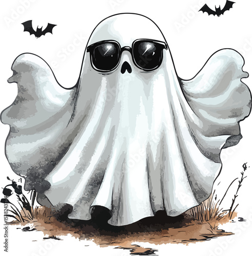  Bats and Ghost Halloween Scene