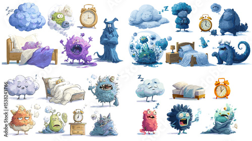 Cute cartoon monsters and sleepy clouds with beds and alarm clocks, illustrating bedtime routines and sleep moods in a whimsical, colorful, and playful hand-drawn style.