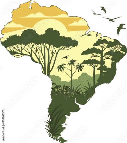 vector map of south america with sunset, palm trees, and tropical forest

