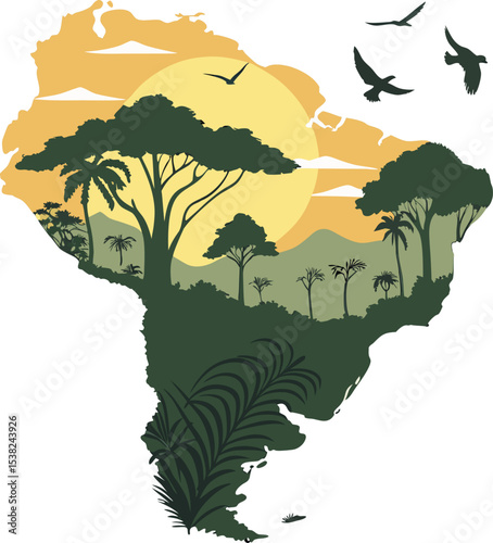 amazon rainforest scene inside south america map outline with wildlife

