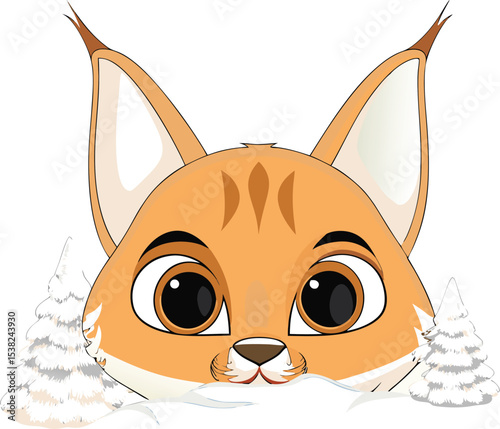 Adorable cartoon lynx peeking from the snowy winter landscape