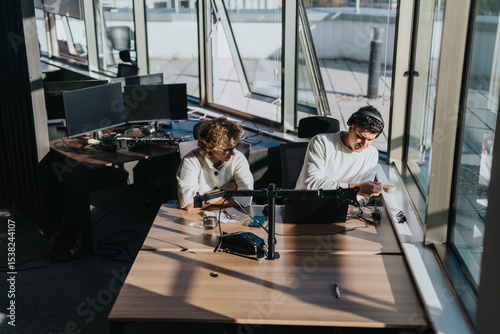 Fotografie Two business employees are working diligently in a sunlit modern office setting featuring large windows and computer screens, reflecting a productive and focused work environment
