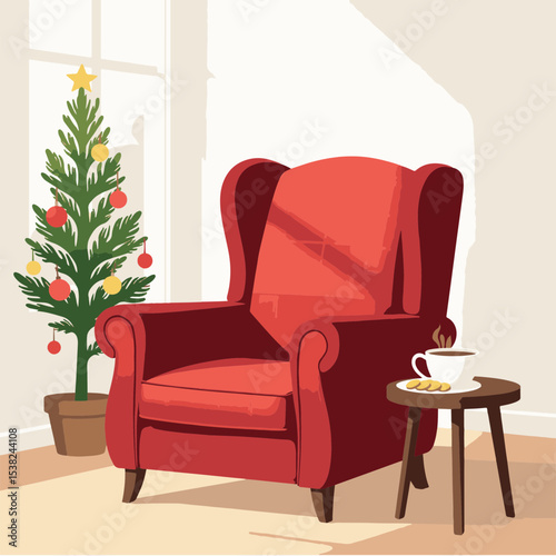 Cozy armchair with cookies and cocoa by Christmas tree, festive comfort